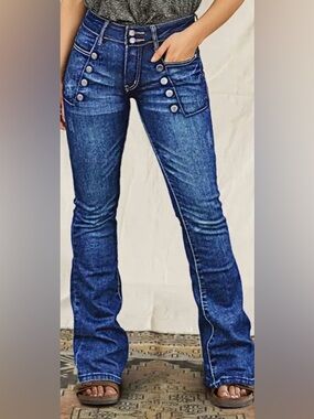 Flamingals Wash Sailor Button Patch Pocket Mid Rise Bootcut Jeans